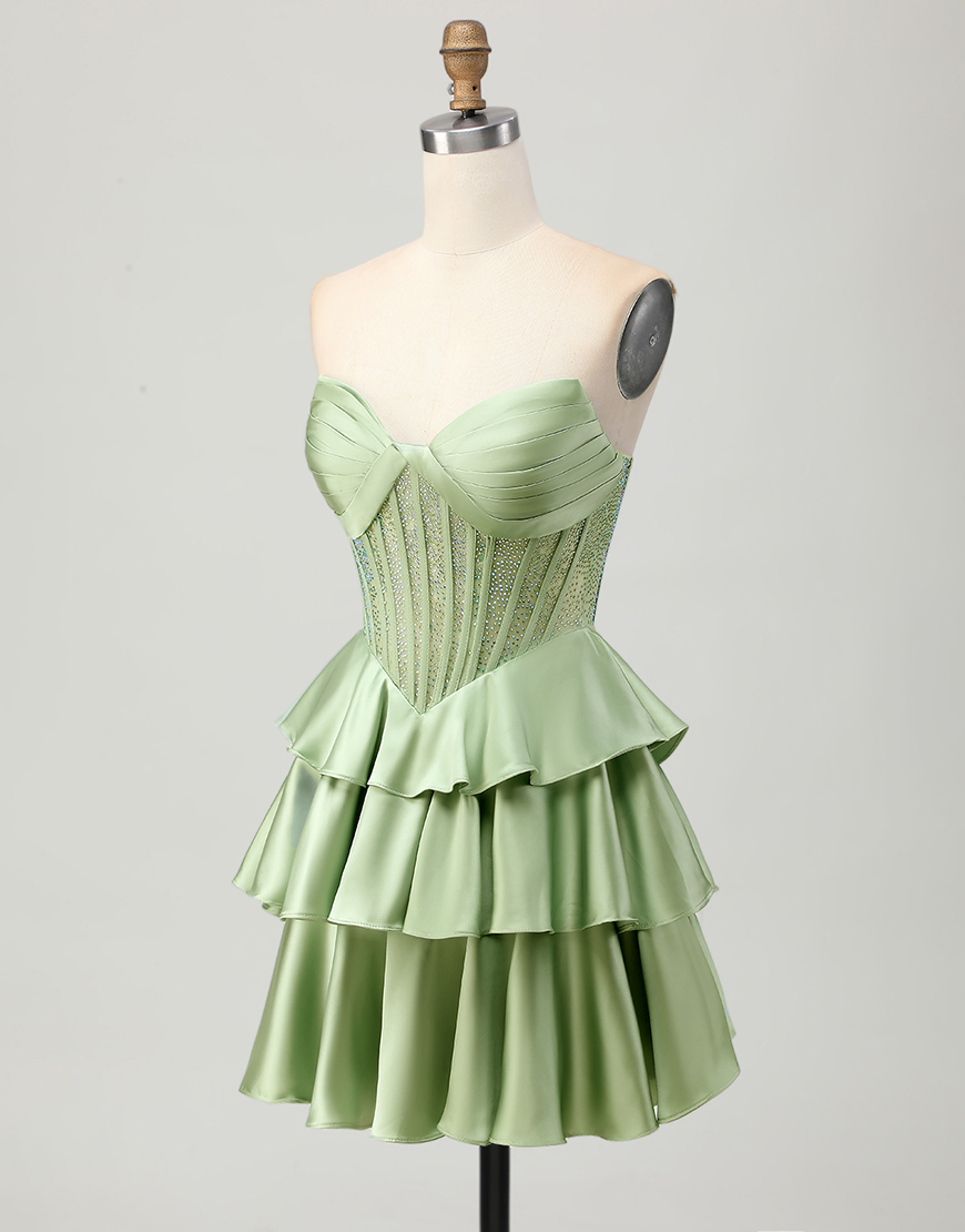 Sparkly Green Ruffled Strapless Short Corset Homecoming Dress with Beading