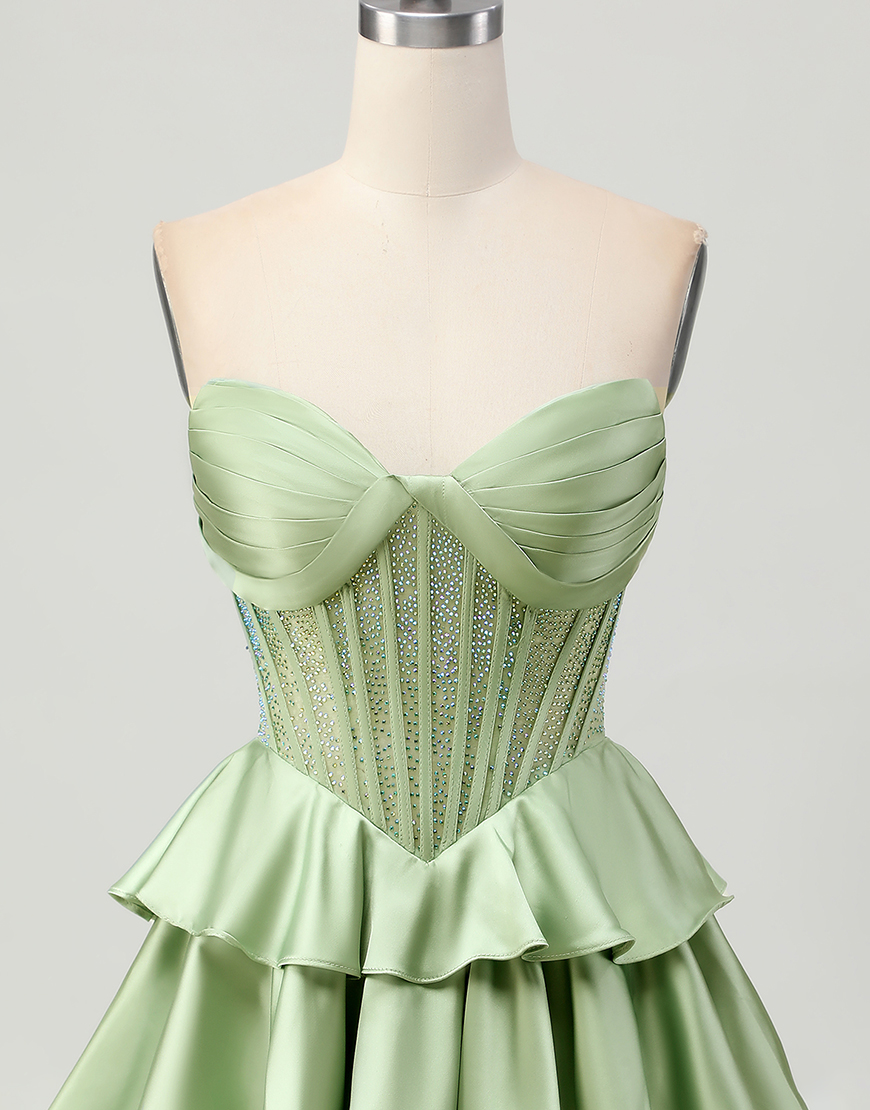 Sparkly Green Ruffled Strapless Short Corset Homecoming Dress with Beading