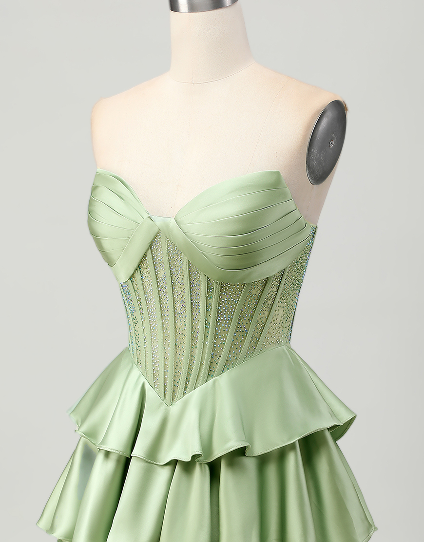 Sparkly Green Ruffled Strapless Short Corset Homecoming Dress with Beading
