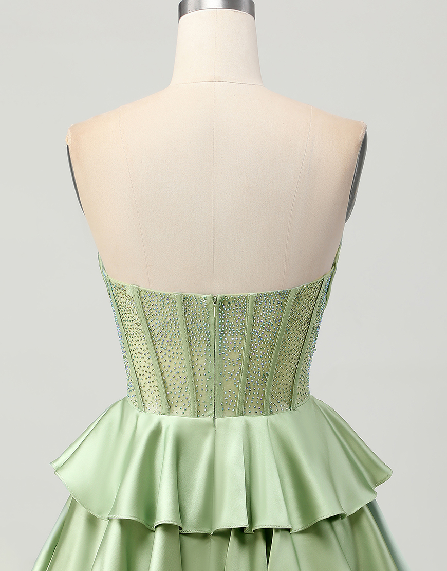 Sparkly Green Ruffled Strapless Short Corset Homecoming Dress with Beading