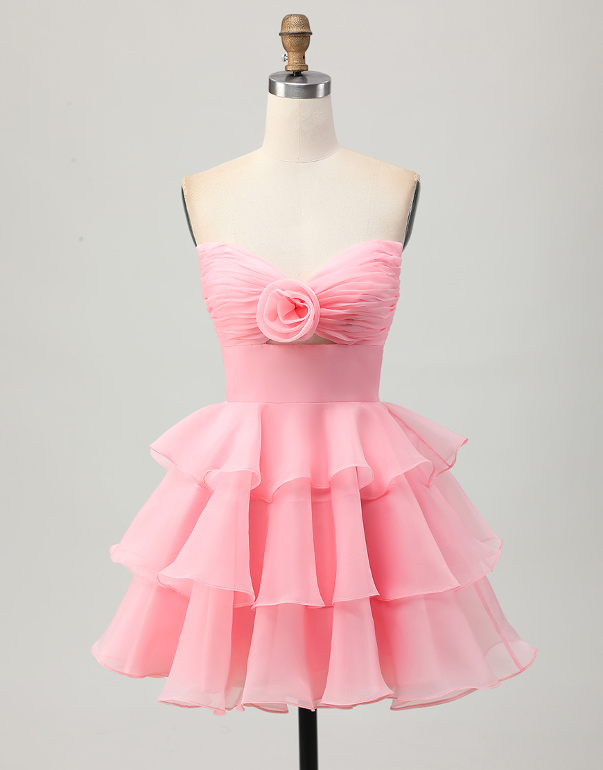 Blush Floral Strapless A Line Short Homecoming Dress with Ruffles