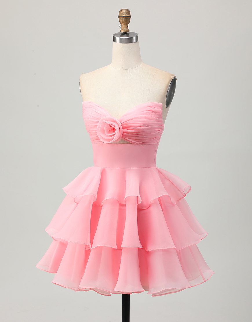 Green Floral Strapless A Line Short Homecoming Dress with Ruffles