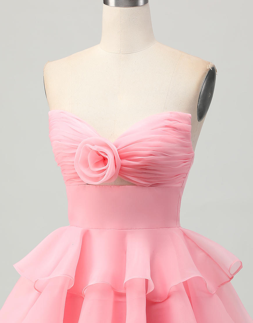 Green Floral Strapless A Line Short Homecoming Dress with Ruffles