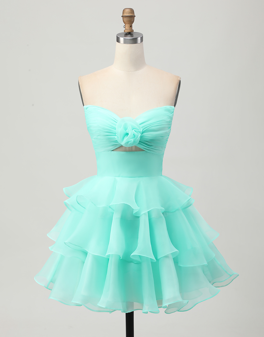 Green Floral Strapless A Line Short Homecoming Dress with Ruffles