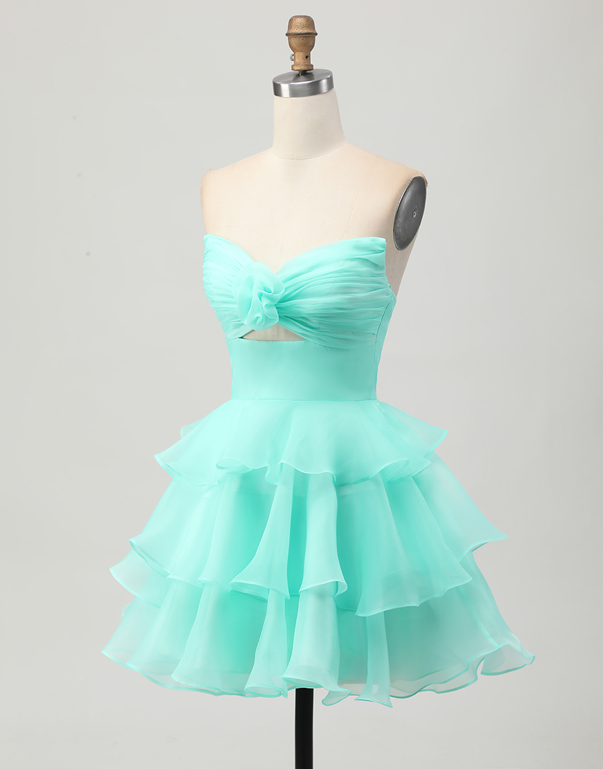 Green Floral Strapless A Line Short Homecoming Dress with Ruffles