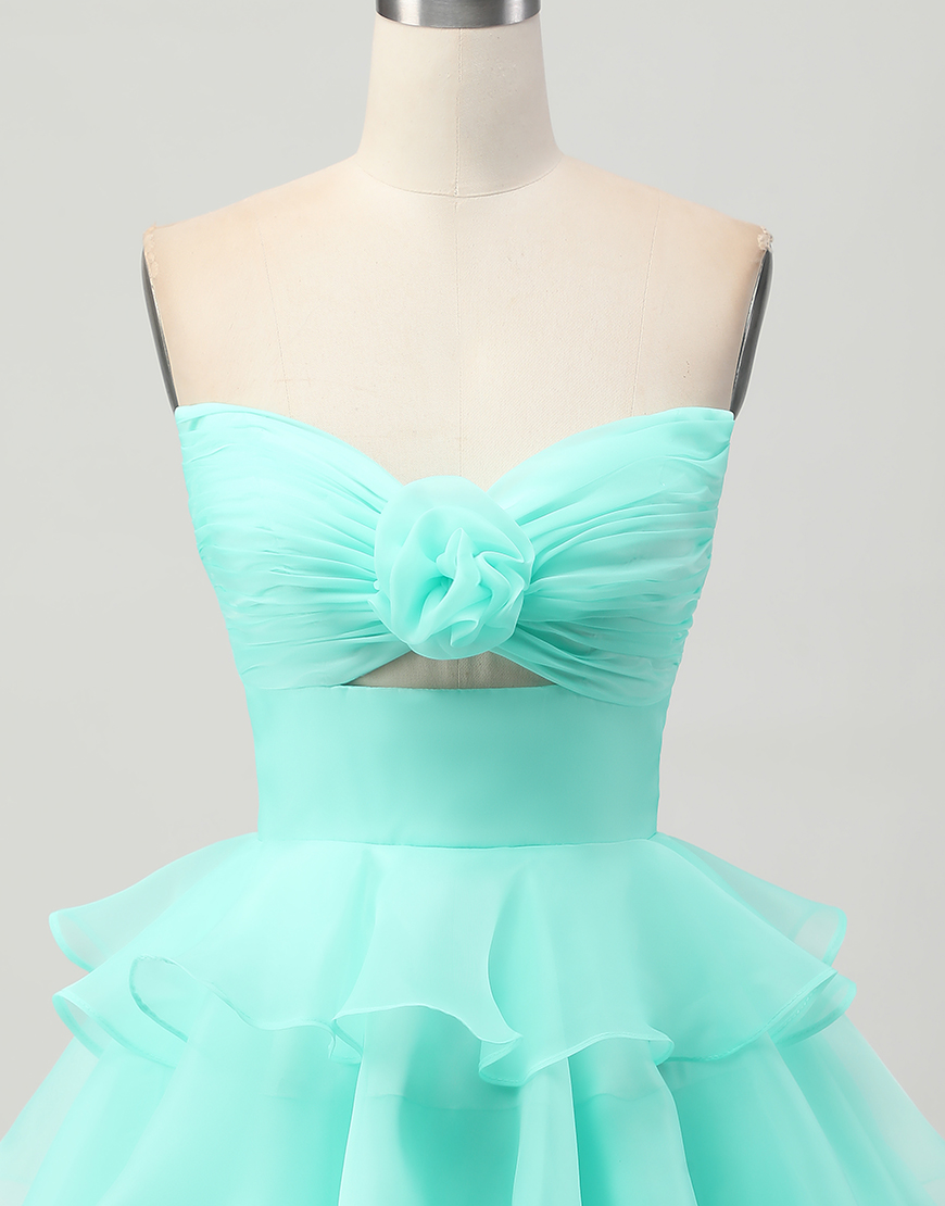Green Floral Strapless A Line Short Homecoming Dress with Ruffles