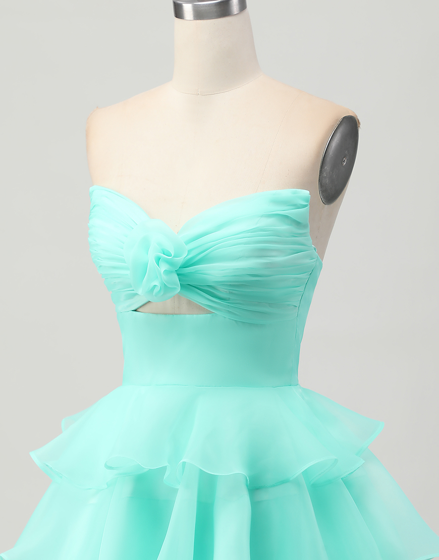 Green Floral Strapless A Line Short Homecoming Dress with Ruffles