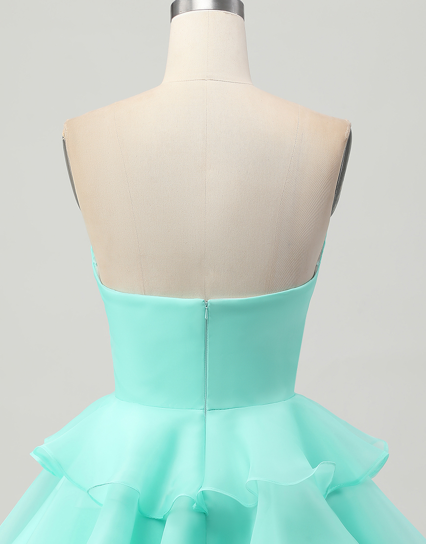 Green Floral Strapless A Line Short Homecoming Dress with Ruffles