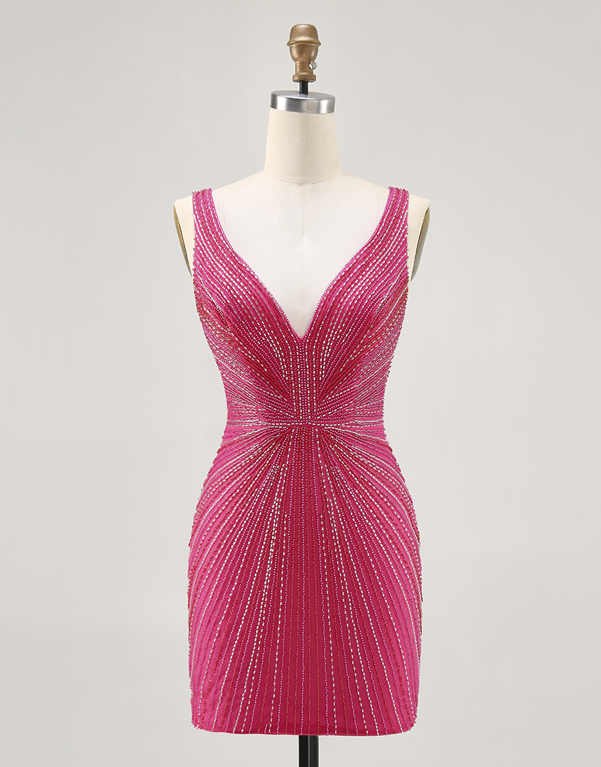Sparkly Fuchsia Tight Beaded V-Neck Short Homecoming Dress