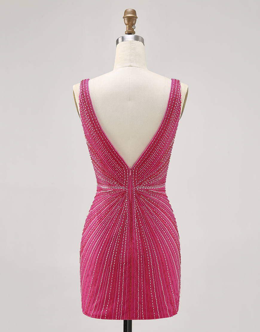 Sparkly Fuchsia Tight Beaded V-Neck Short Homecoming Dress