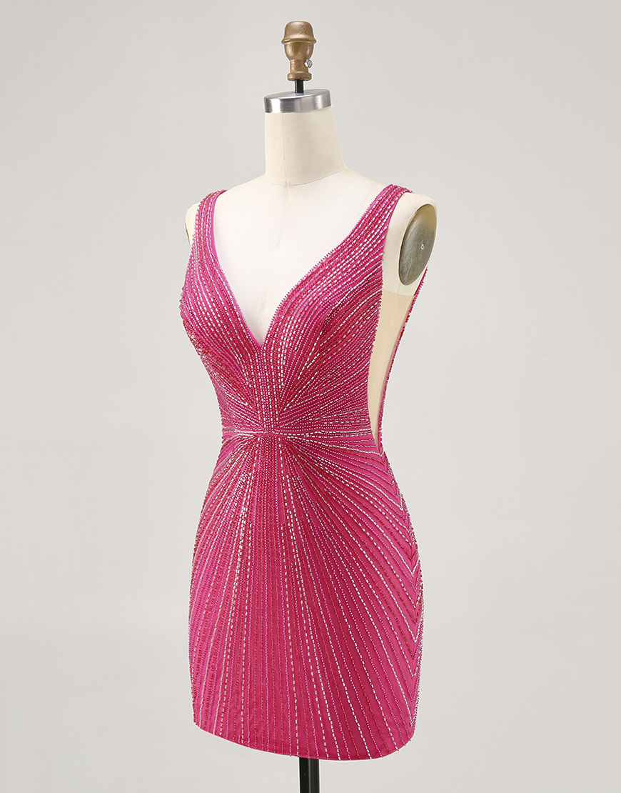 Sparkly Fuchsia Tight Beaded V-Neck Short Homecoming Dress