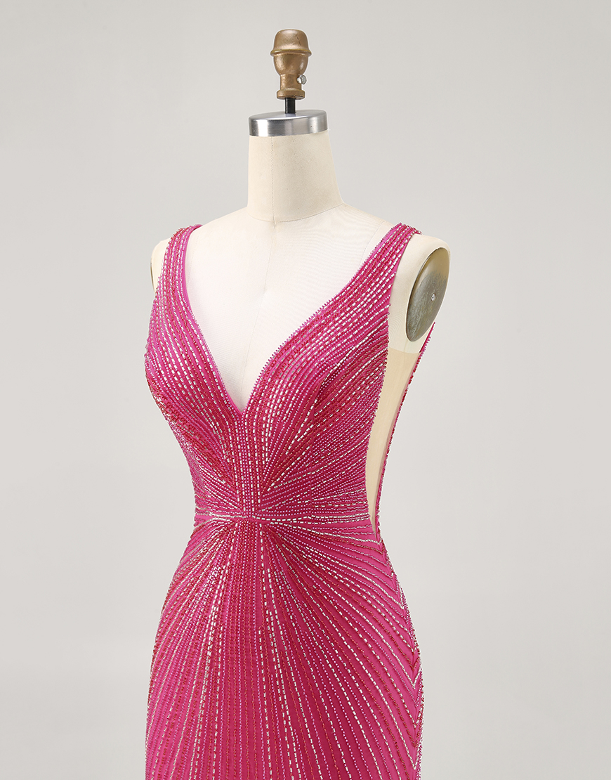 Sparkly Fuchsia Tight Beaded V-Neck Short Homecoming Dress