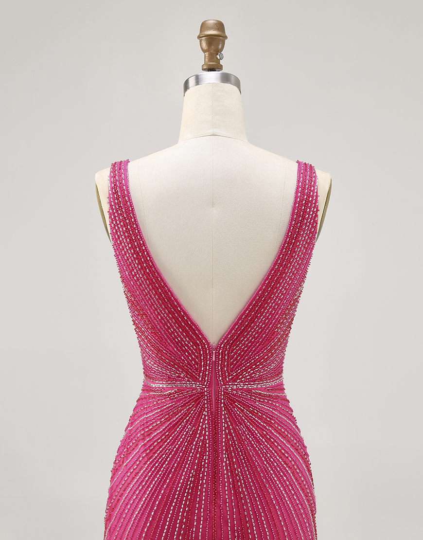 Sparkly Fuchsia Tight Beaded V-Neck Short Homecoming Dress