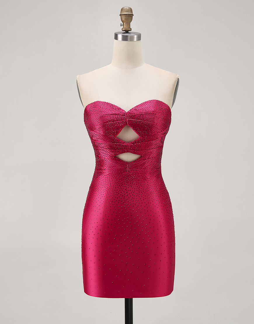 Sparkly Fuchsia Tight Short Beaded Homecoming Dress with Keyholes