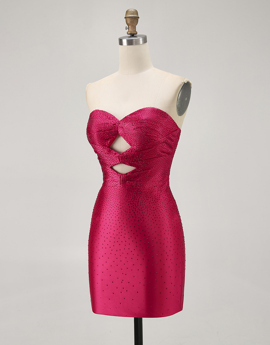 Sparkly Fuchsia Tight Short Beaded Homecoming Dress with Keyholes