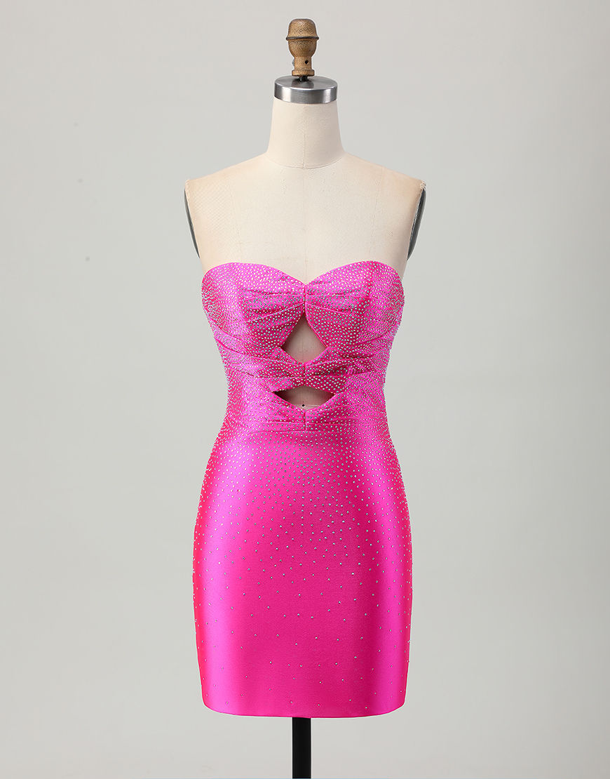Sparkly Fuchsia Tight Short Beaded Homecoming Dress with Keyholes