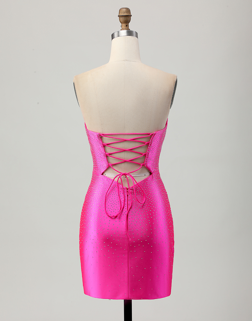 Sparkly Fuchsia Tight Short Beaded Homecoming Dress with Keyholes