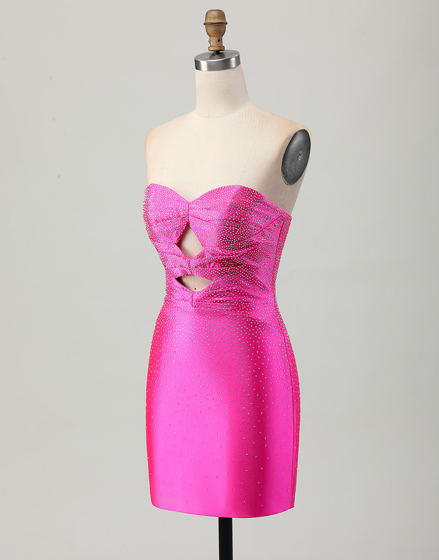 Sparkly Fuchsia Tight Short Beaded Homecoming Dress with Keyholes