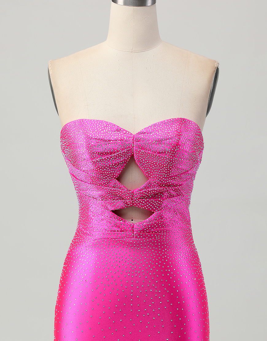 Sparkly Fuchsia Tight Short Beaded Homecoming Dress with Keyholes