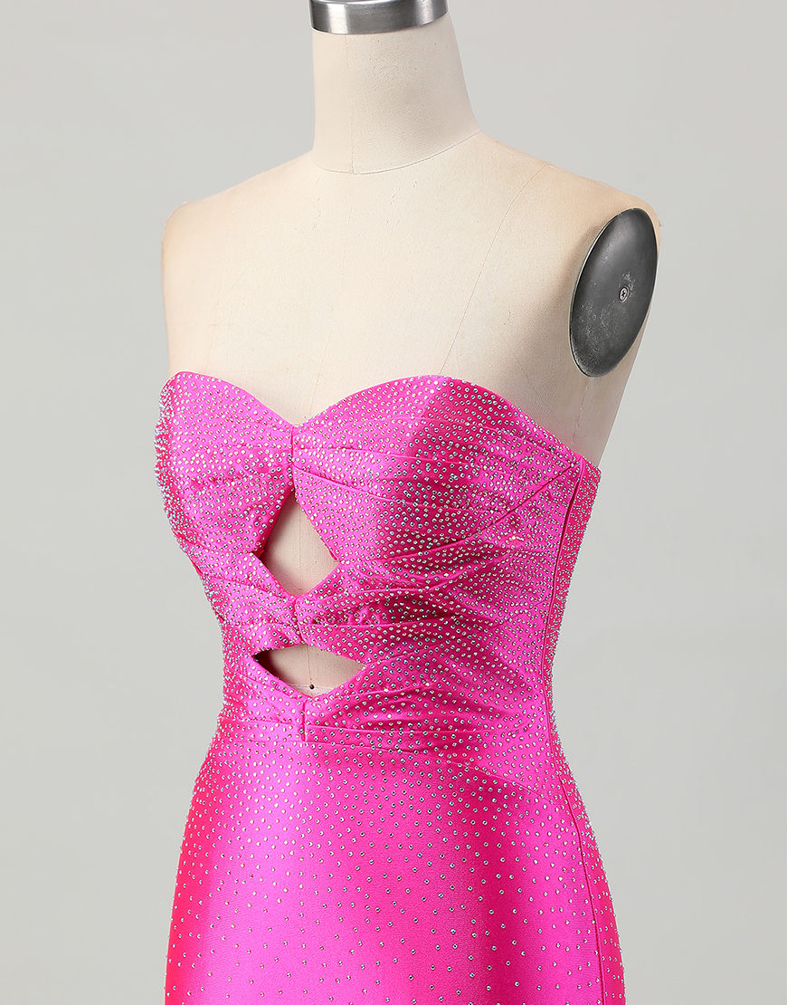 Sparkly Fuchsia Tight Short Beaded Homecoming Dress with Keyholes
