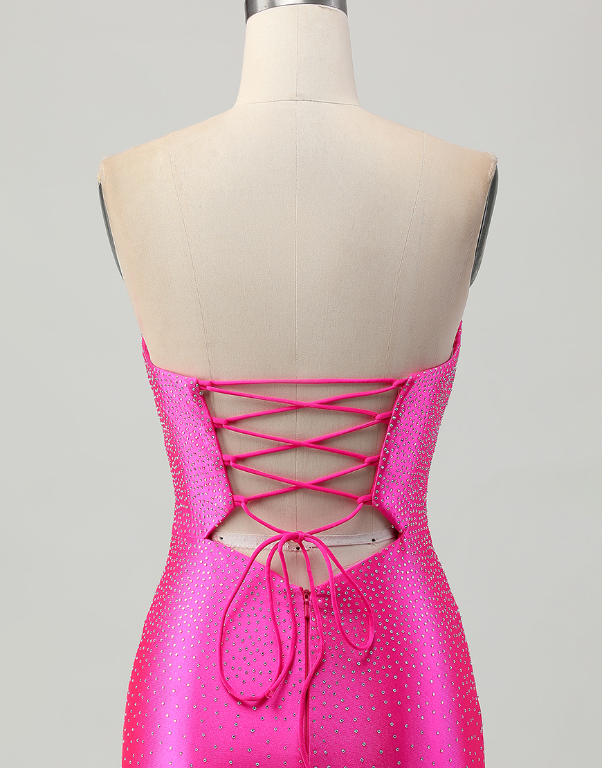 Sparkly Fuchsia Tight Short Beaded Homecoming Dress with Keyholes