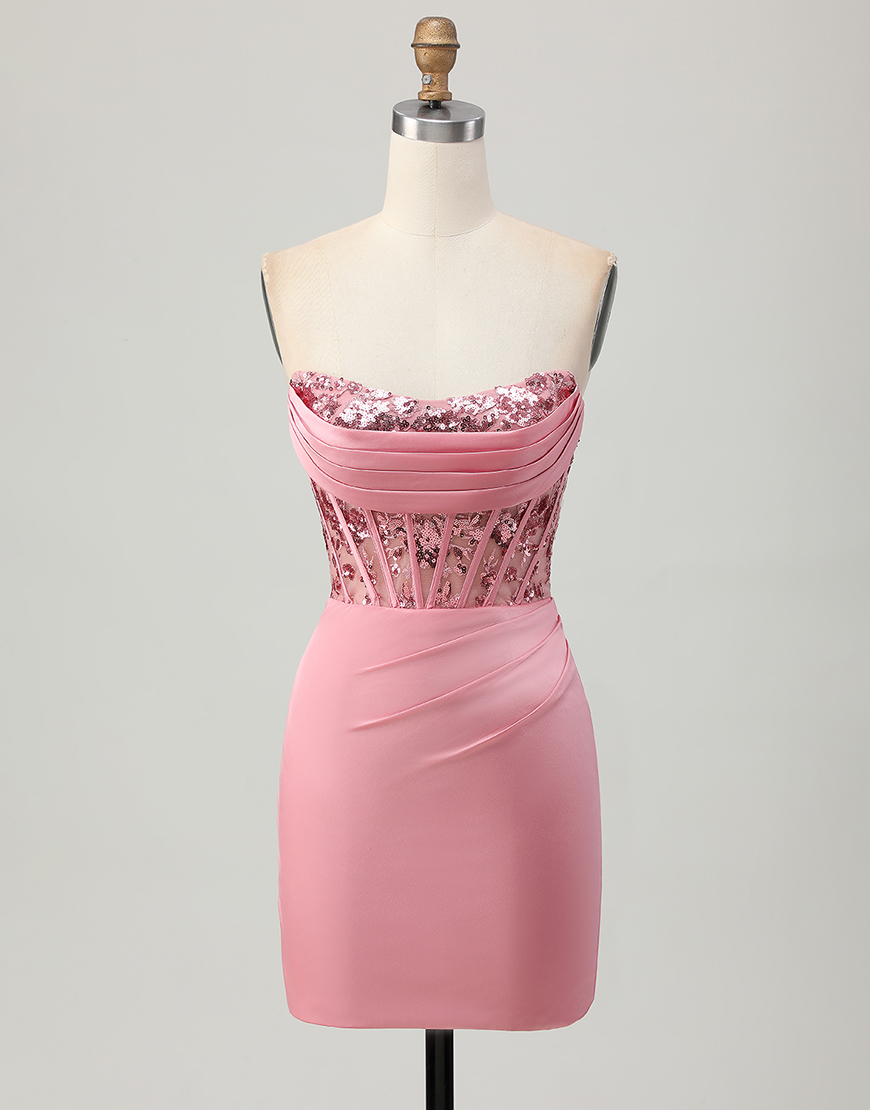 Sparkly Blush Tight Satin Short Corset Homecoming Dress with Sequins