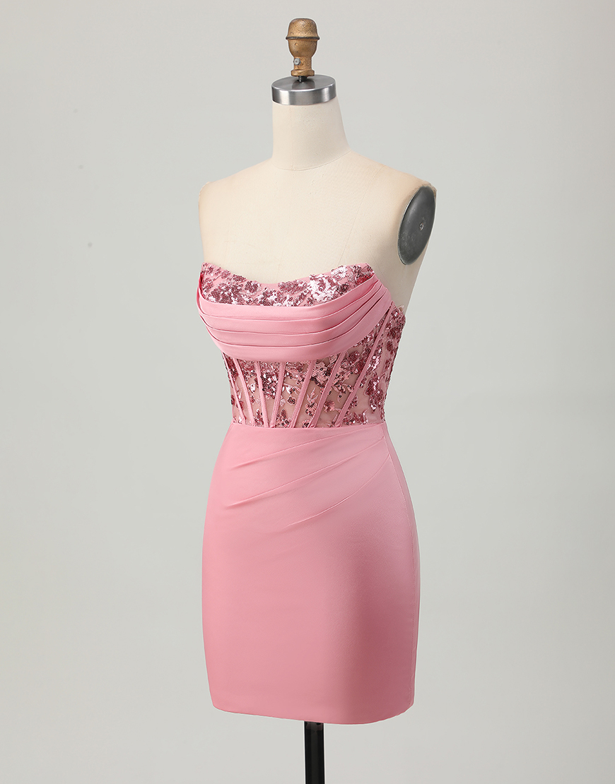 Sparkly Blush Tight Satin Short Corset Homecoming Dress with Sequins