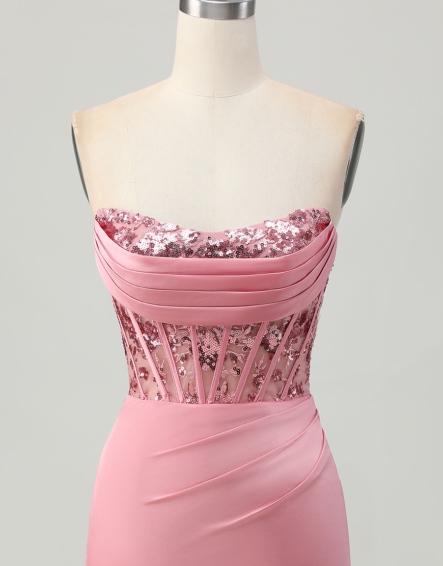 Sparkly Blush Tight Satin Short Corset Homecoming Dress with Sequins