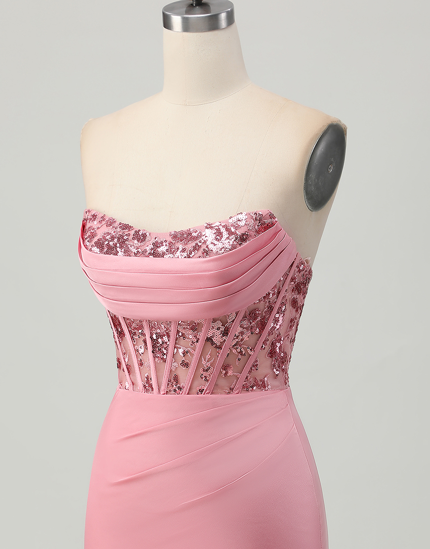 Sparkly Blush Tight Satin Short Corset Homecoming Dress with Sequins