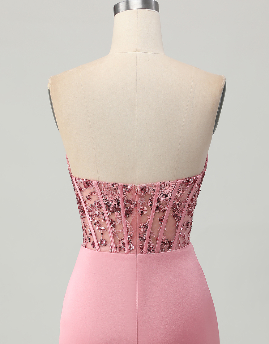 Sparkly Blush Tight Satin Short Corset Homecoming Dress with Sequins