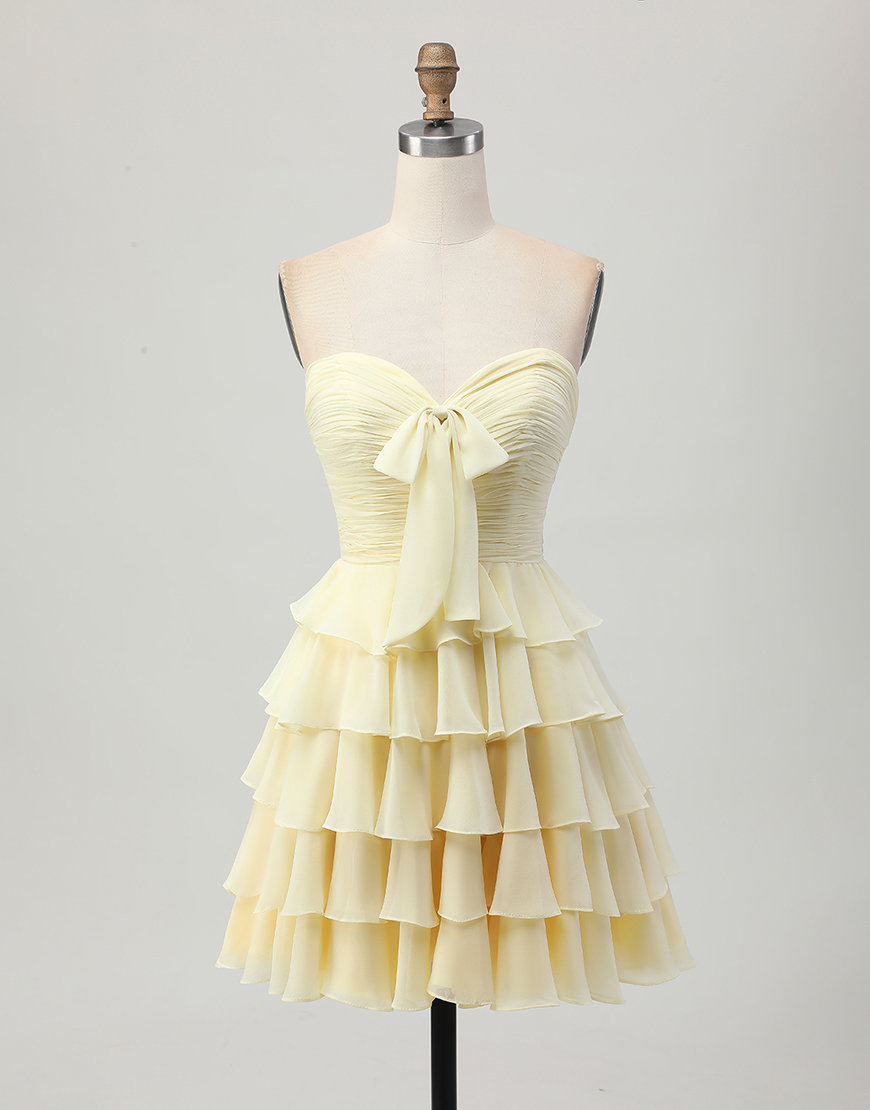 Light Yellow Sweetheart A Line Ruffled Short Homecoming Dress with Bow