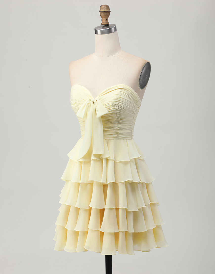 Light Yellow Sweetheart A Line Ruffled Short Homecoming Dress with Bow
