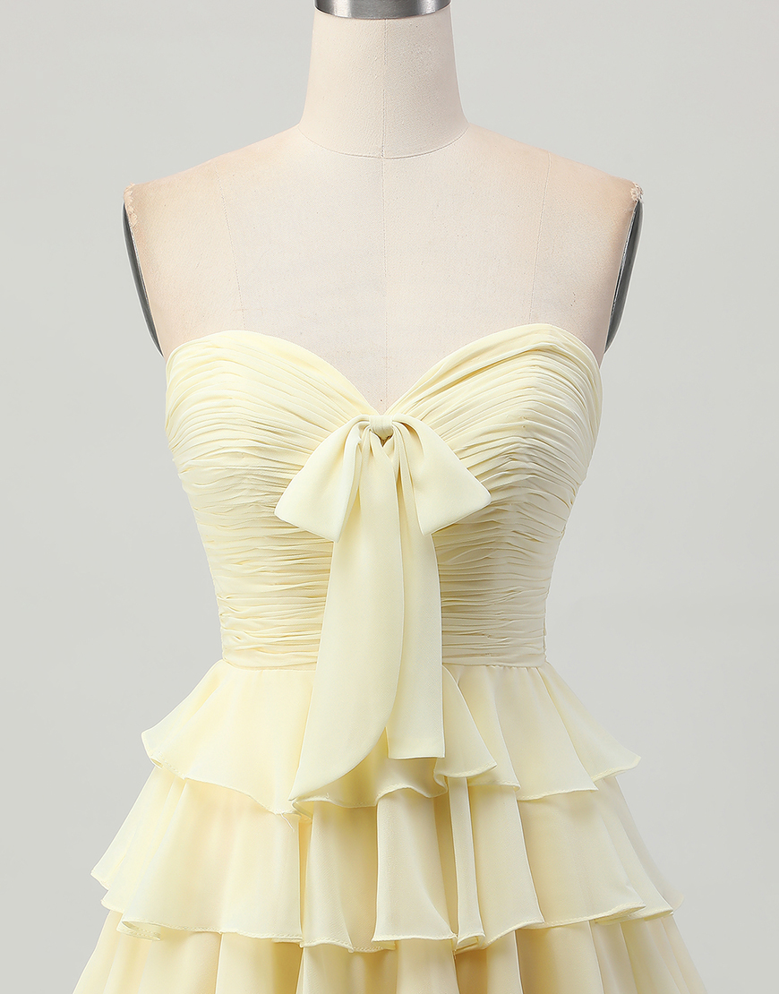 Light Yellow Sweetheart A Line Ruffled Short Homecoming Dress with Bow