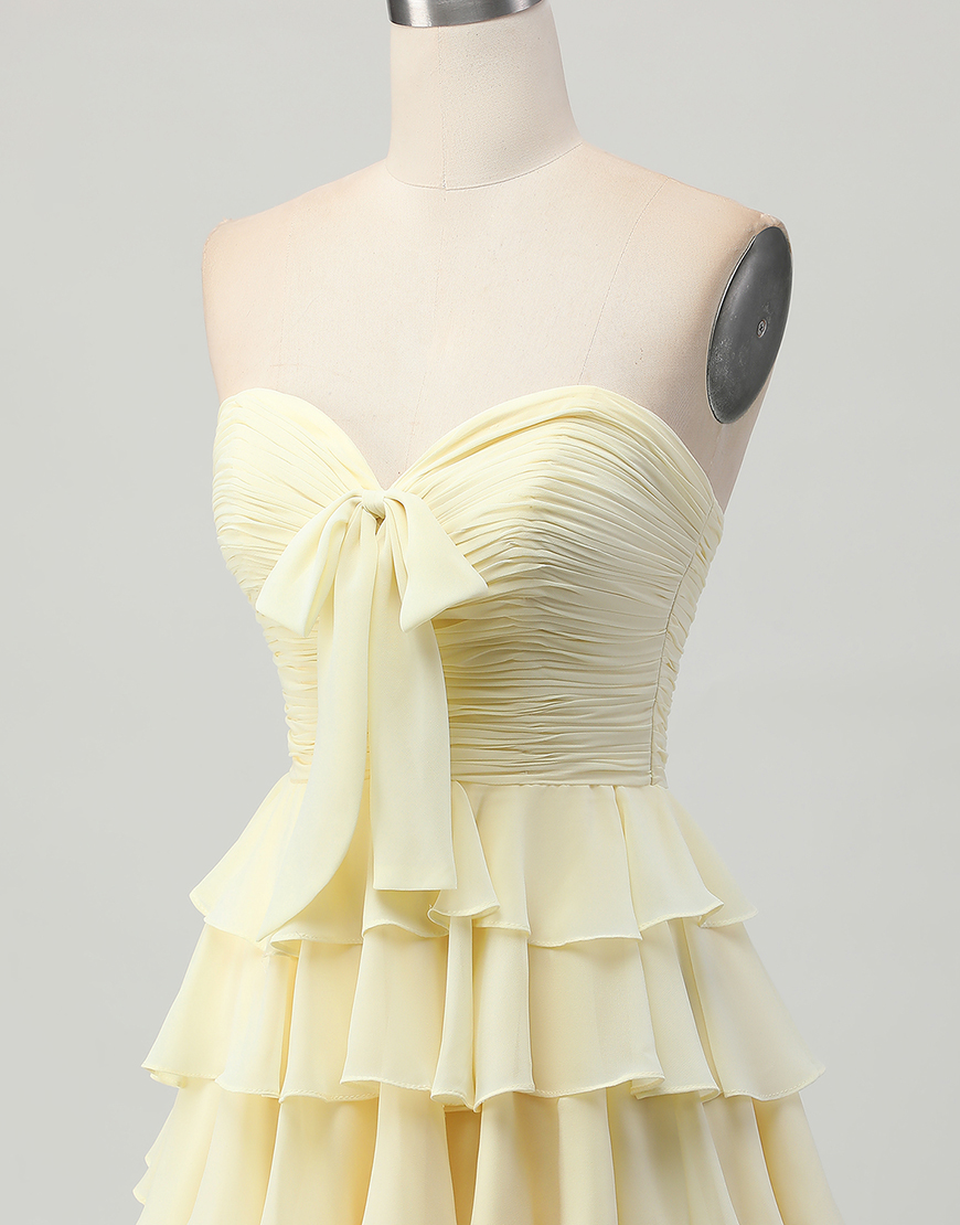 Light Yellow Sweetheart A Line Ruffled Short Homecoming Dress with Bow
