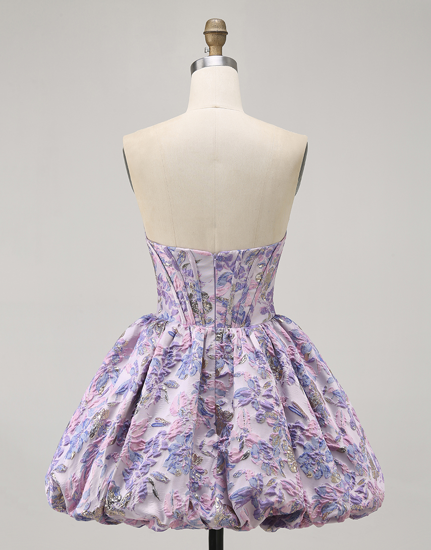 Purple Floral Corset Strapless A Line Short Homecoming Dress