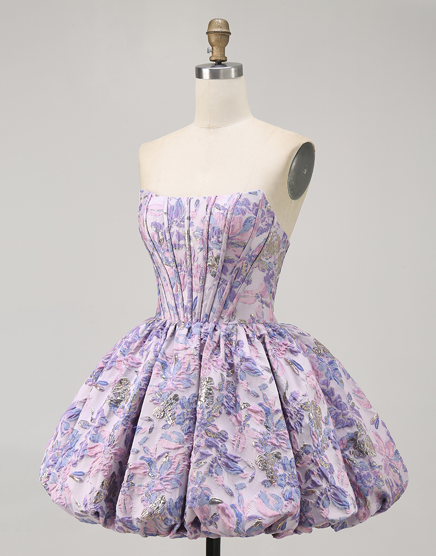 Purple Floral Corset Strapless A Line Short Homecoming Dress