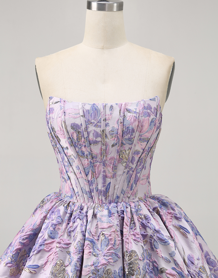 Purple Floral Corset Strapless A Line Short Homecoming Dress