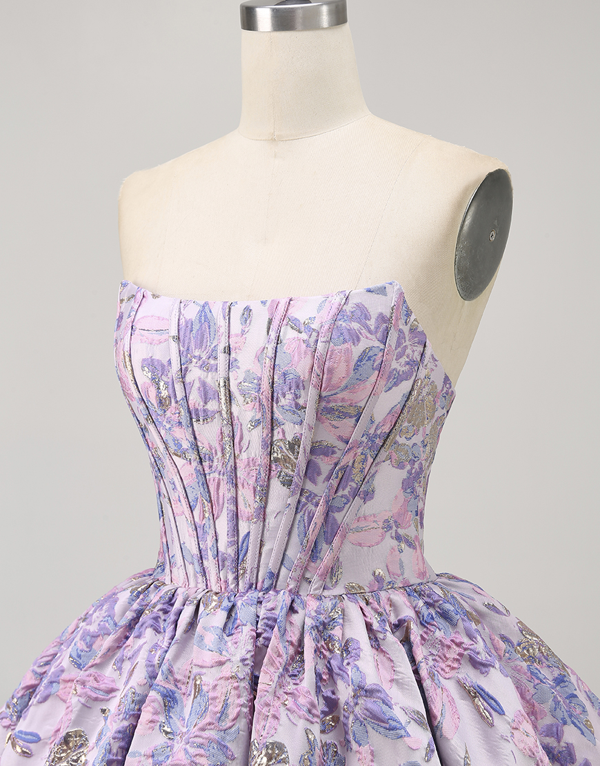 Purple Floral Corset Strapless A Line Short Homecoming Dress