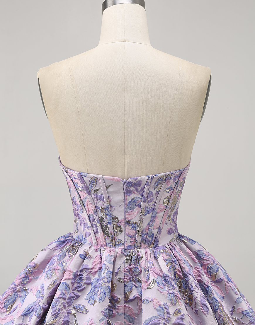 Purple Floral Corset Strapless A Line Short Homecoming Dress