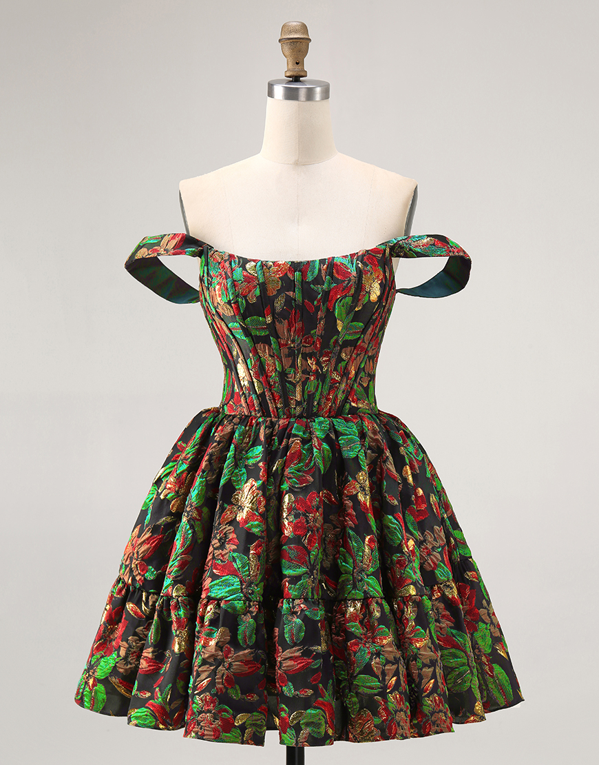 Purple Floral Off the Shoulder Corset Short Homecoming Dress