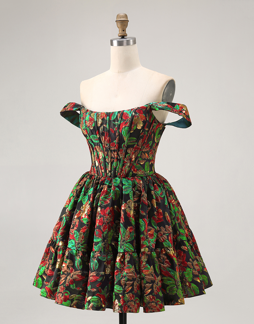 Purple Floral Off the Shoulder Corset Short Homecoming Dress