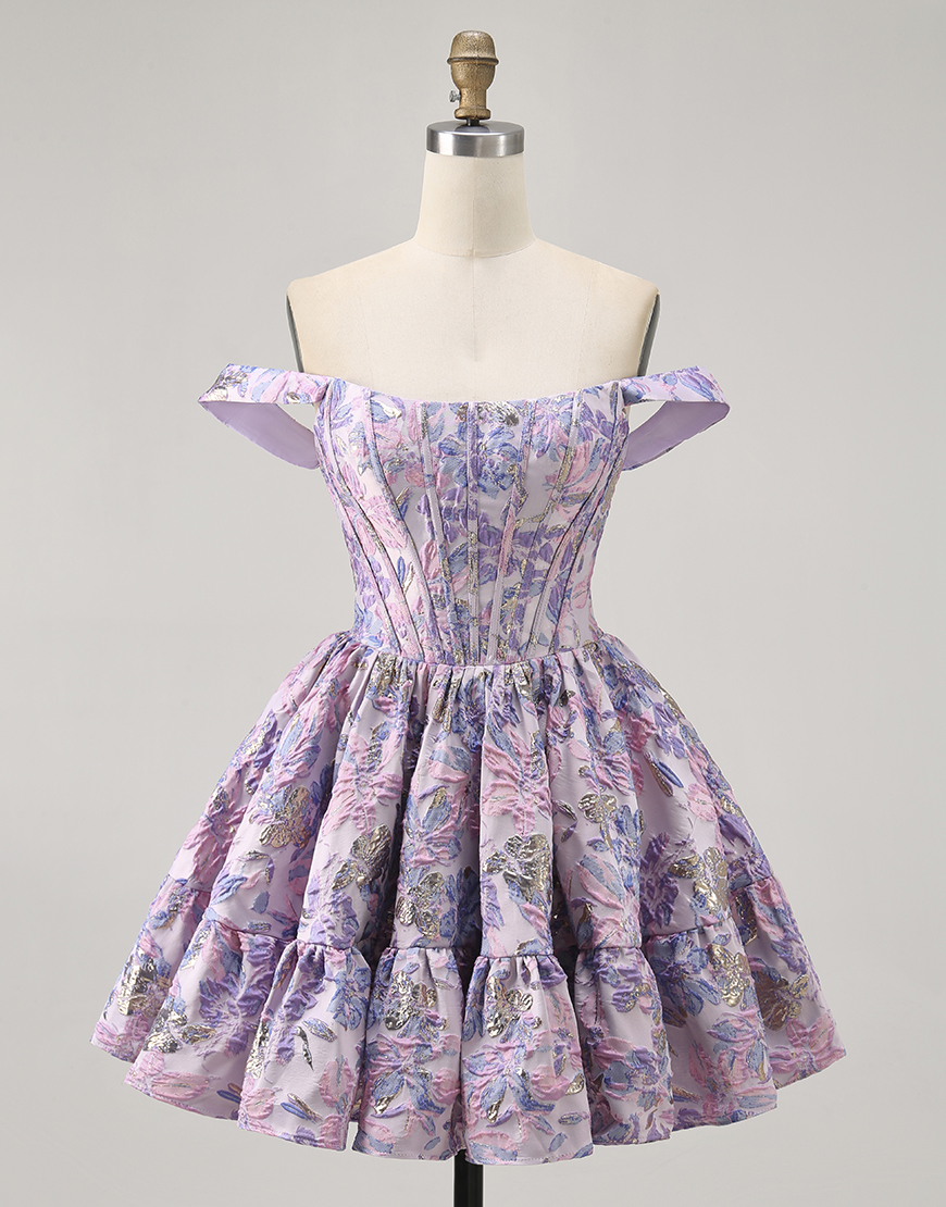 Purple Floral Off the Shoulder Corset Short Homecoming Dress