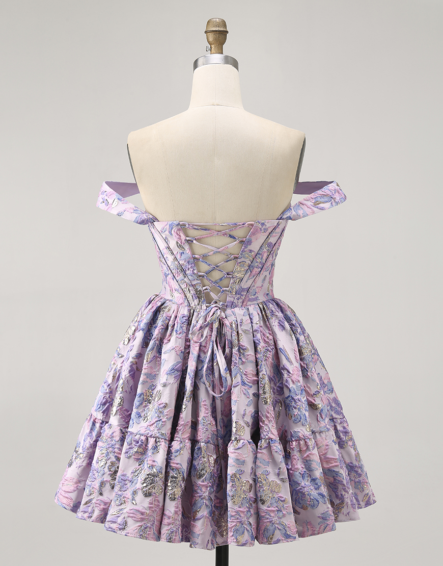 Purple Floral Off the Shoulder Corset Short Homecoming Dress