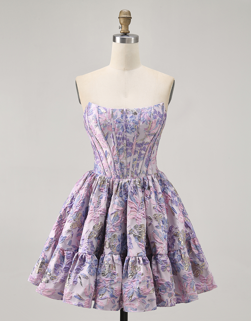 Purple Floral Off the Shoulder Corset Short Homecoming Dress