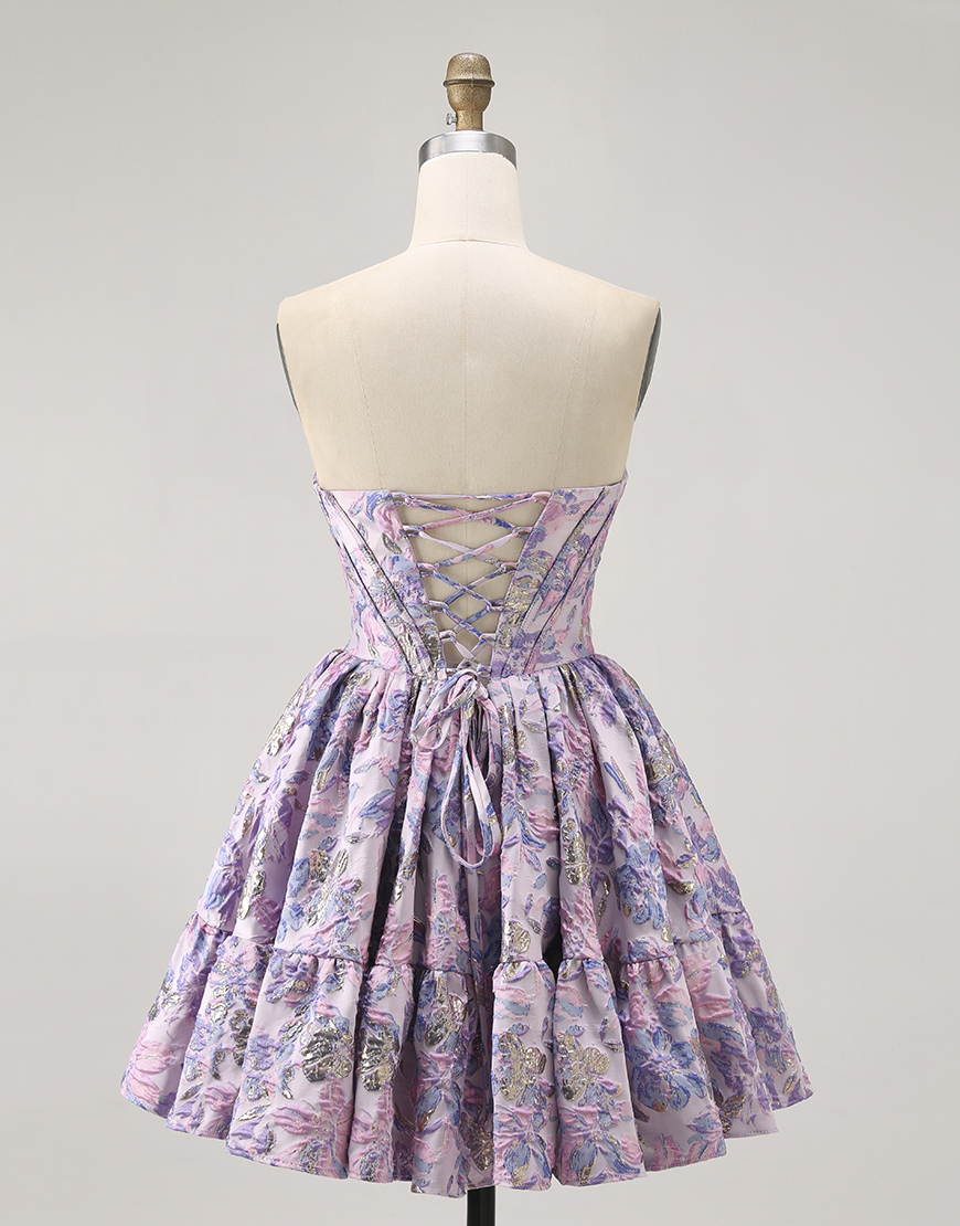Purple Floral Off the Shoulder Corset Short Homecoming Dress