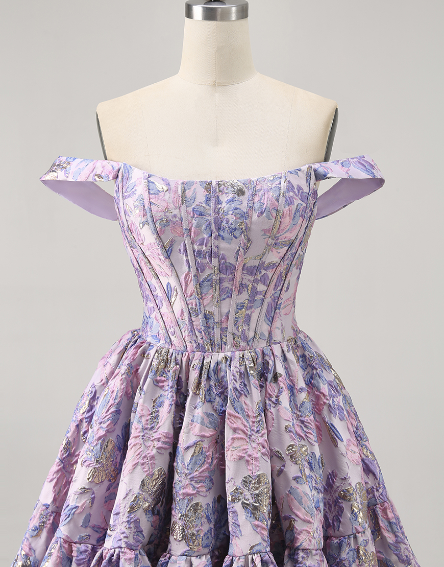 Purple Floral Off the Shoulder Corset Short Homecoming Dress