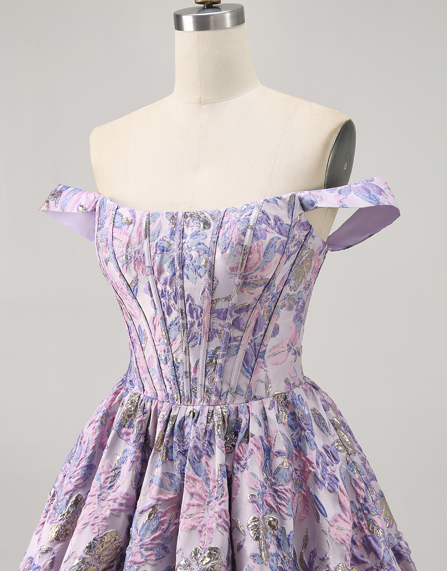 Purple Floral Off the Shoulder Corset Short Homecoming Dress