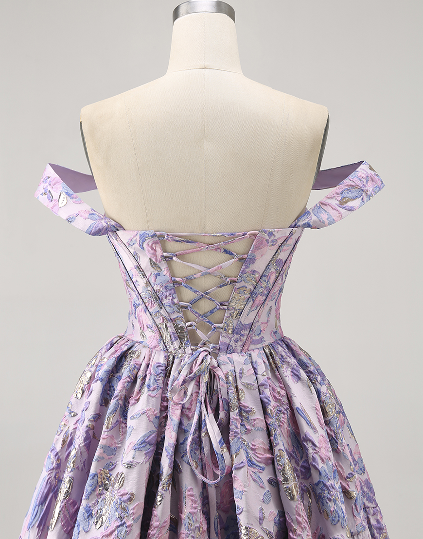 Purple Floral Off the Shoulder Corset Short Homecoming Dress