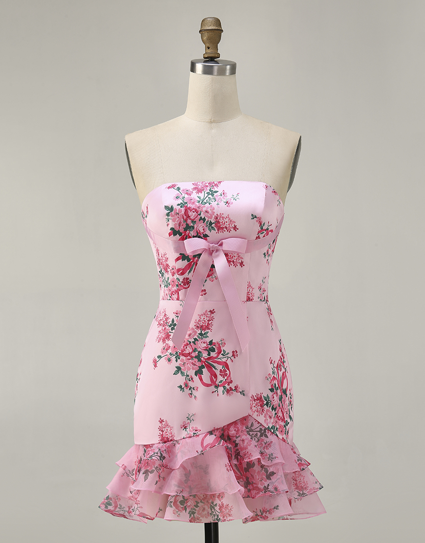 Pink Floral Strapless Bodycon Short Homecoming Dress with Bow