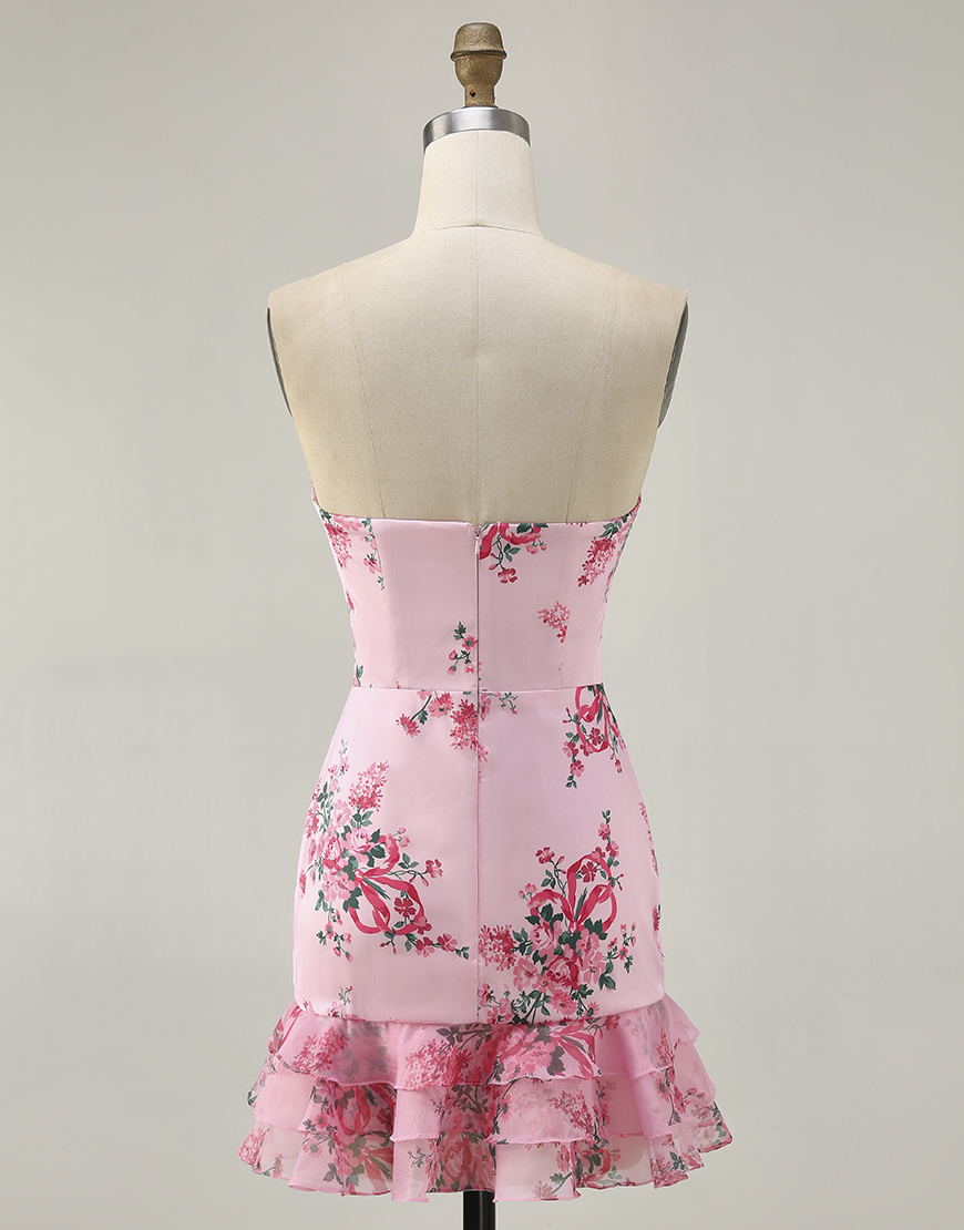 Pink Floral Strapless Bodycon Short Homecoming Dress with Bow